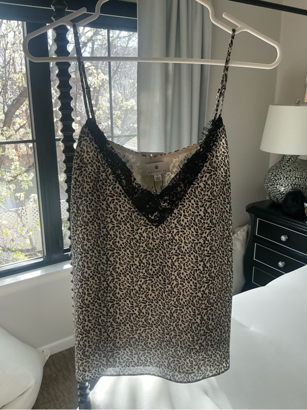 NWT - Socialite Leopard-Print Lace Trim Cami - Black/Cream